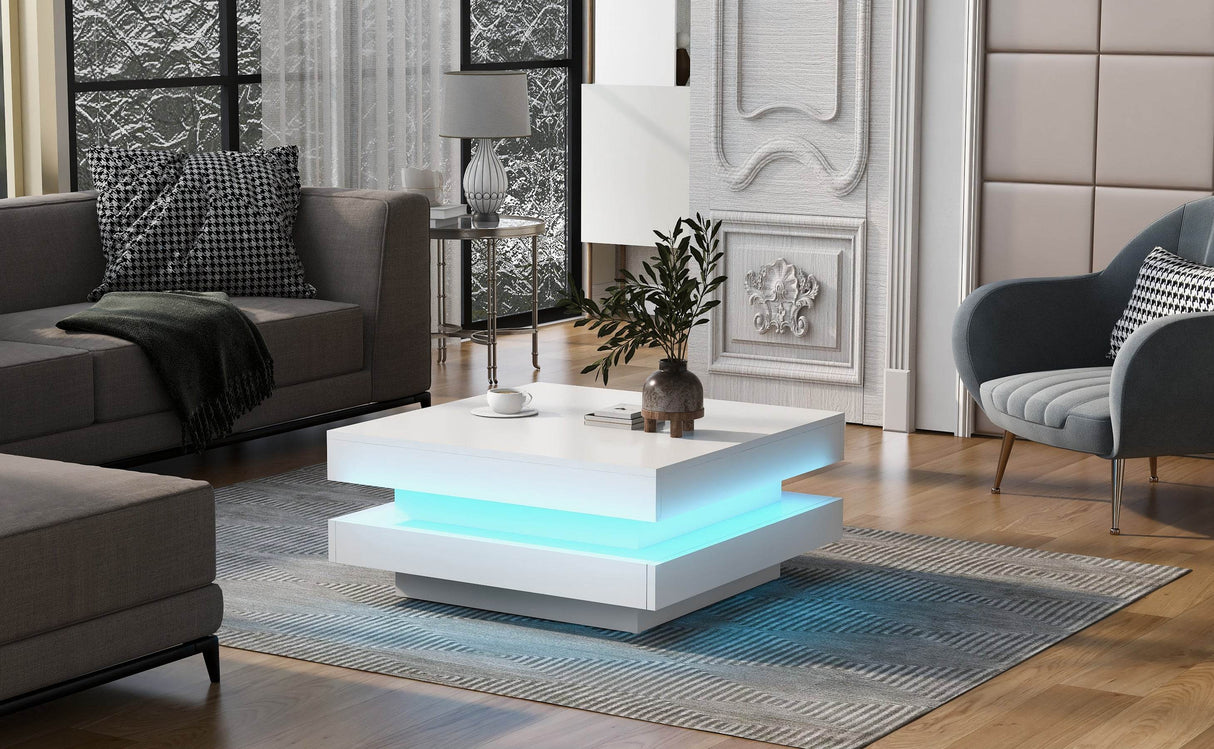 High Gloss White Particle Board Coffee Table With LED Lights - Sleep Galleria