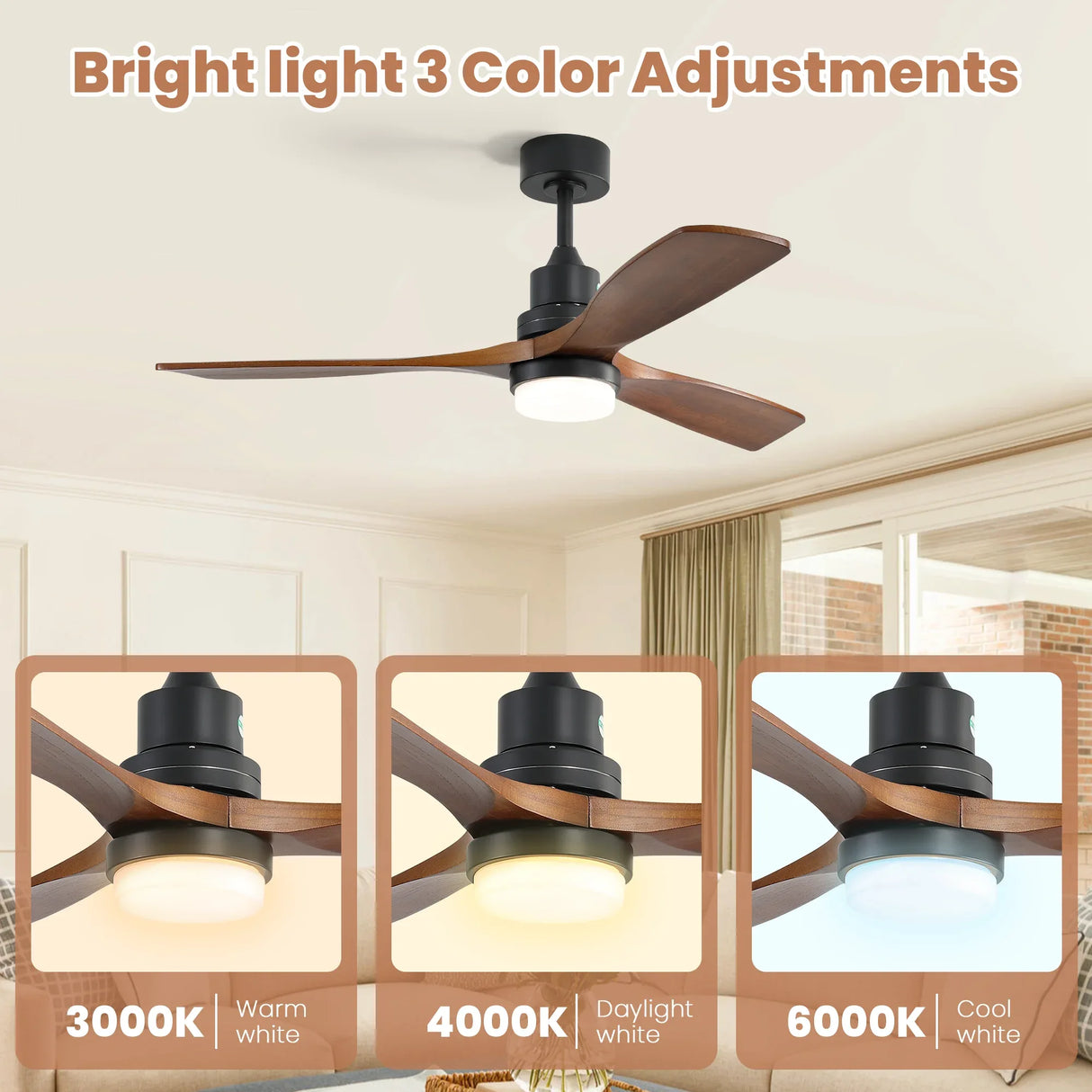 52-Inch Remote-Controlled Reversible Walnut Wood Ceiling Fan - Omega Lifestyles