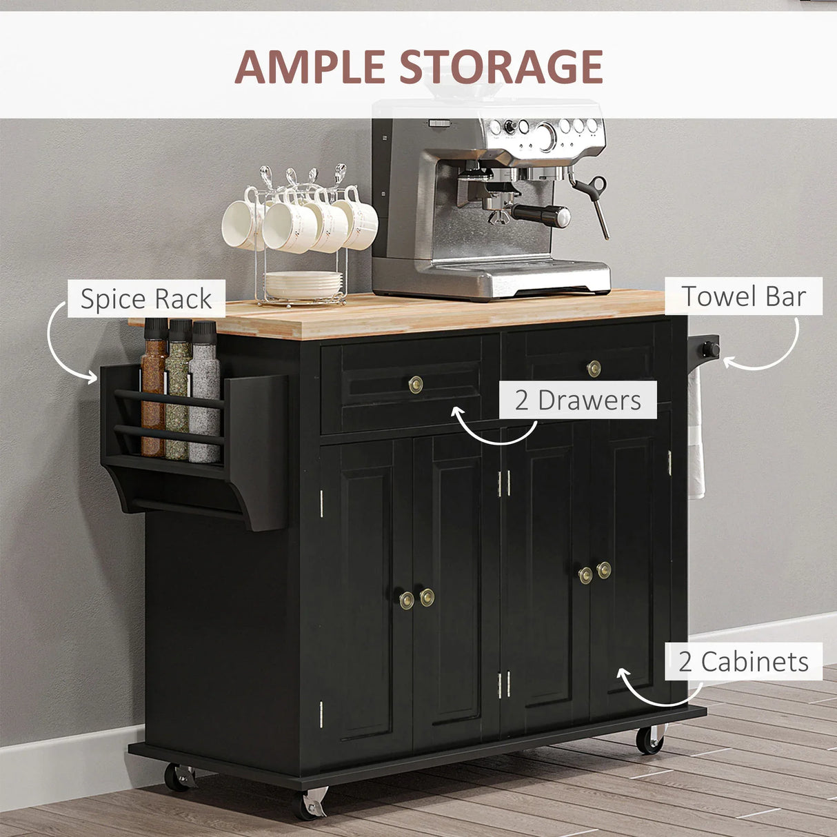 Mobile Kitchen Island Cart With Rubberwood Top And Drawers - Omega Lifestyles