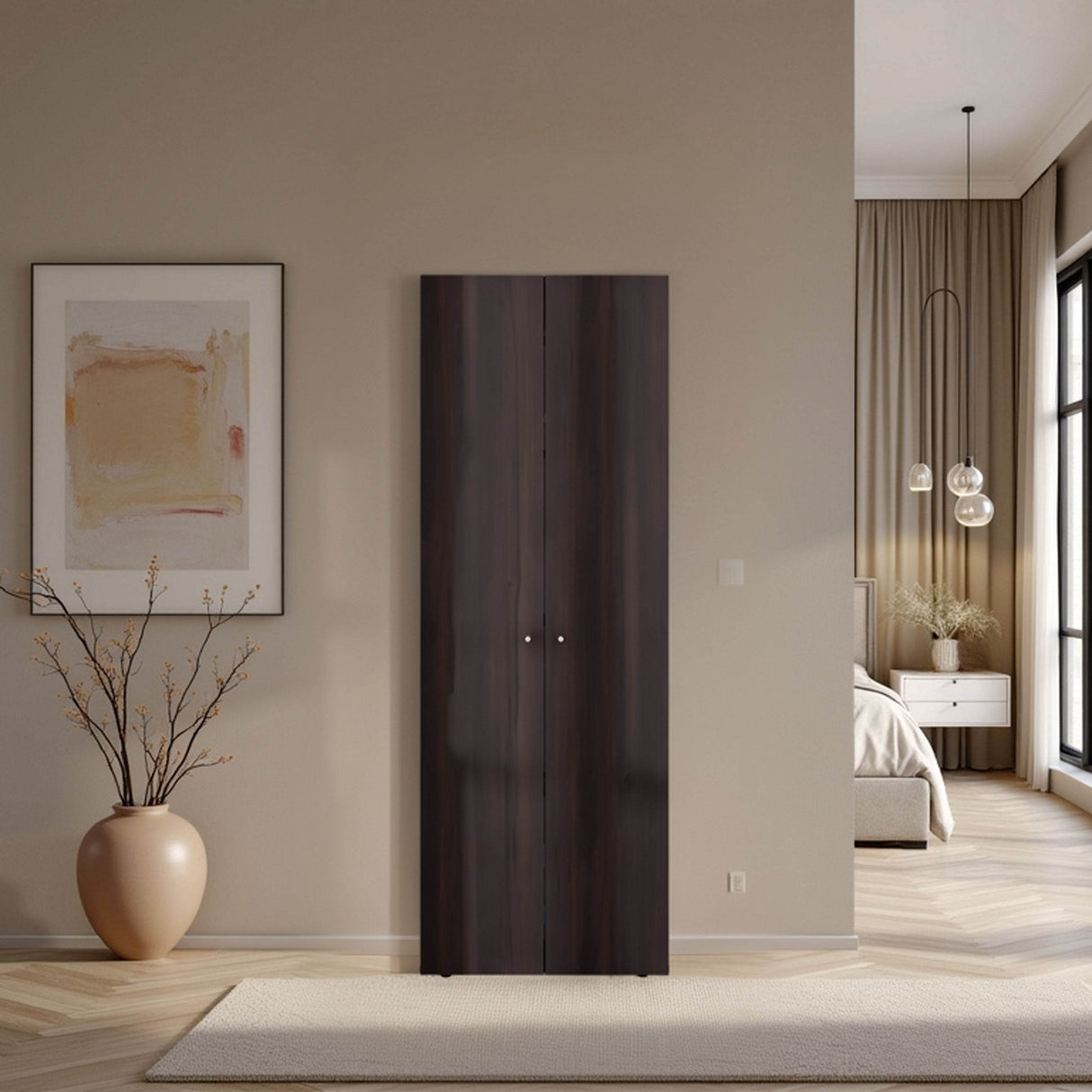 Modern Two-Door Brown Oak Storage Closet