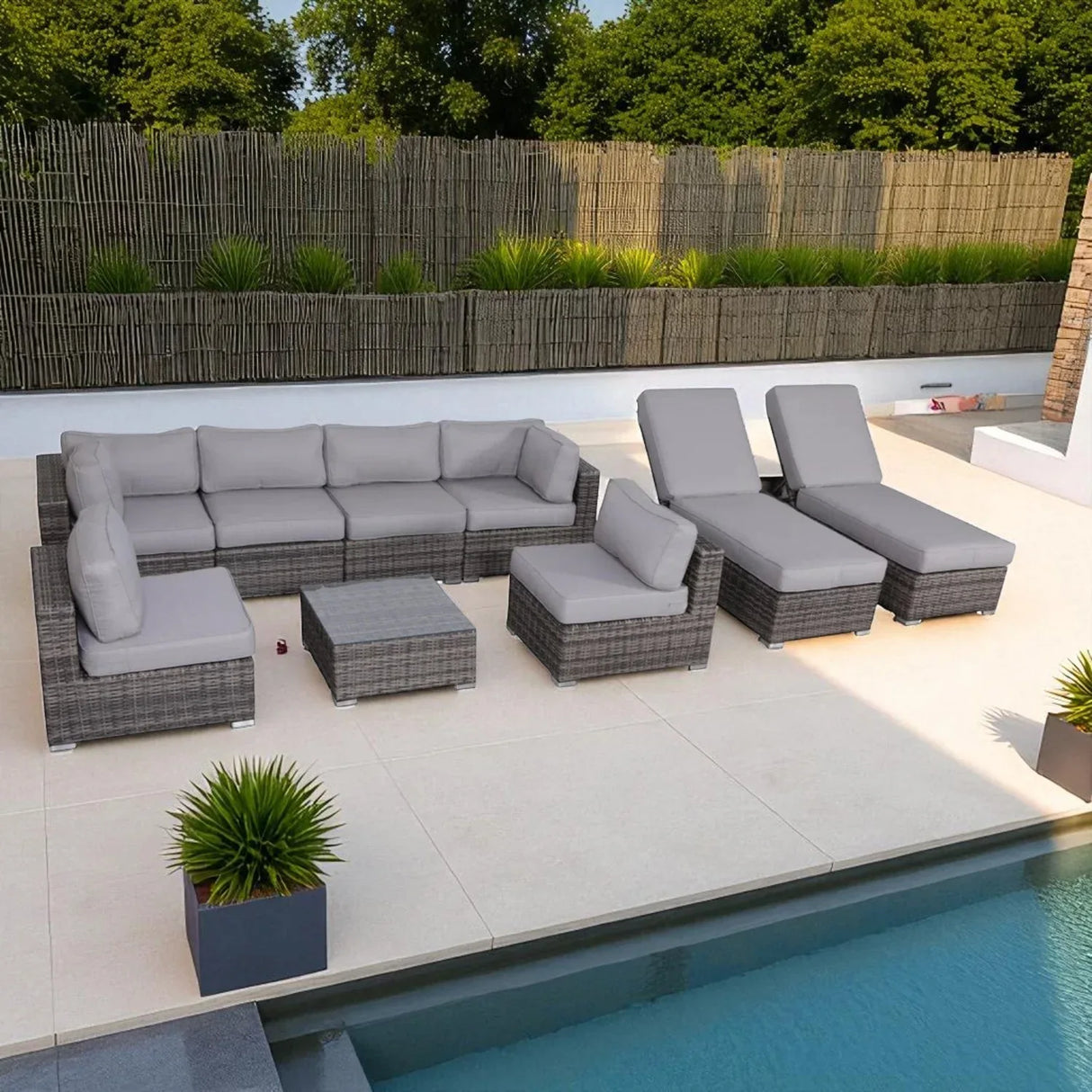 9-Piece Modular Grey Rattan Wicker Patio Seating Set - Omega Lifestyles
