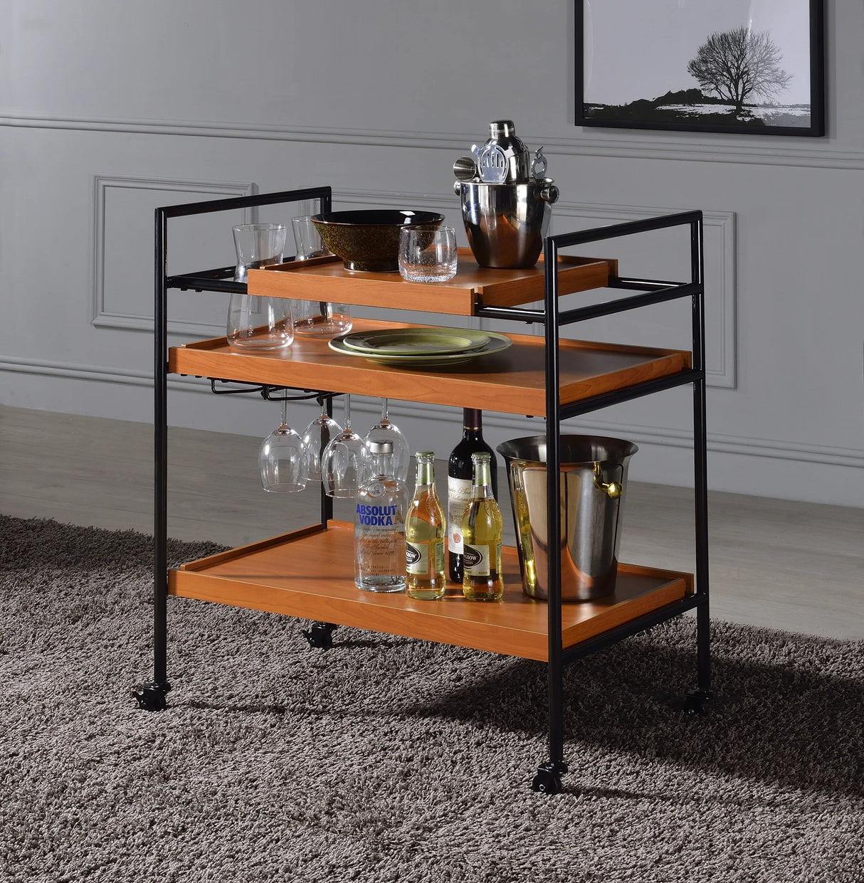 Oaken Black And Oak Finish Metal Serving Cart - Omega Lifestyles