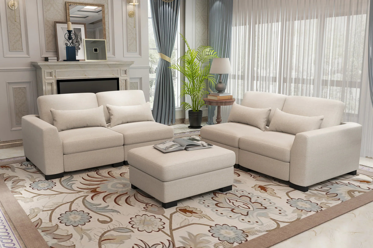 Beige Modular L-Shaped 5-Seat Foam Cushion Sofa With Ottoman - Omega Lifestyles