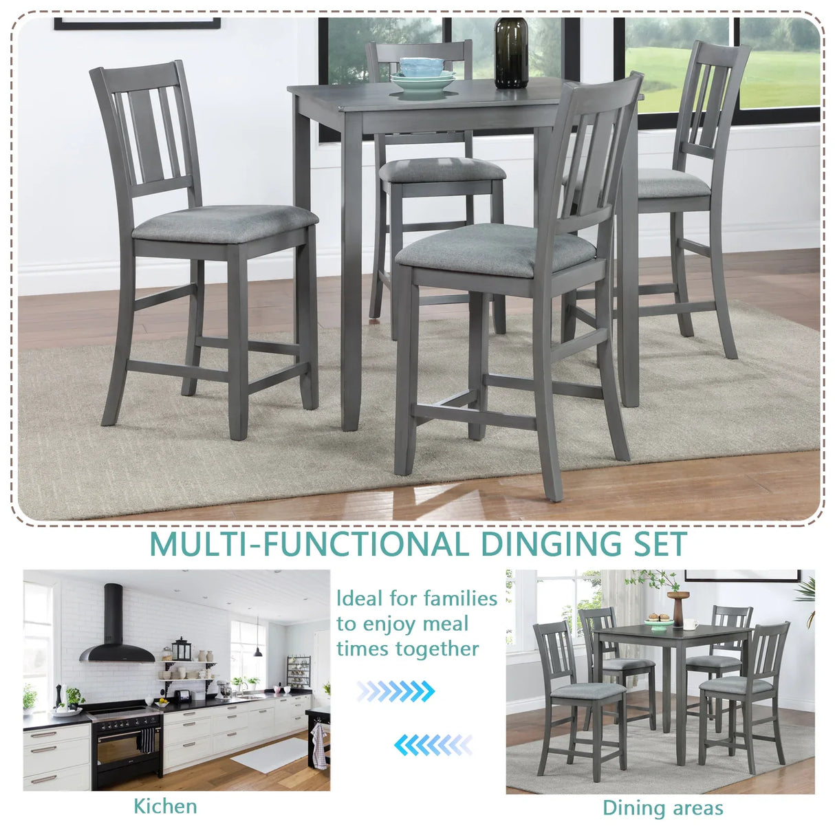 5-Piece Gray Acacia Wood Counter Height Dining Set - Omega Lifestyles