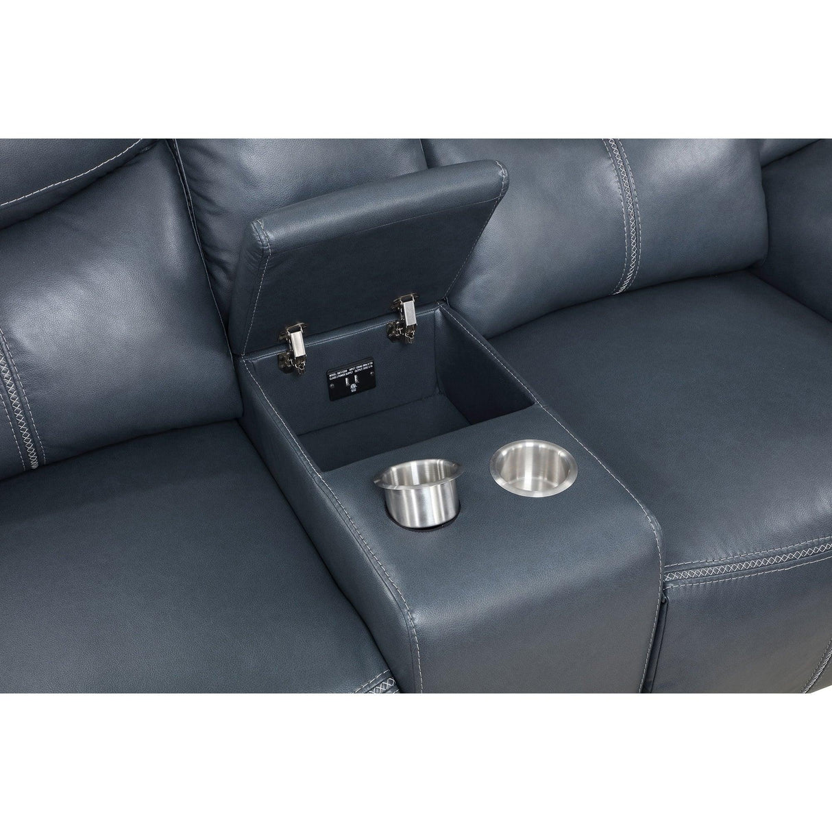Blue Upholstered Motion Reclining Loveseat With Console - Omega Lifestyles