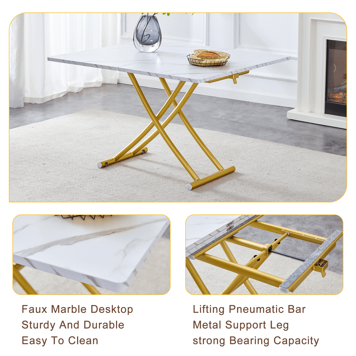 Multifunctional Adjustable Height White Gold Lift Table - Sleep Galleria