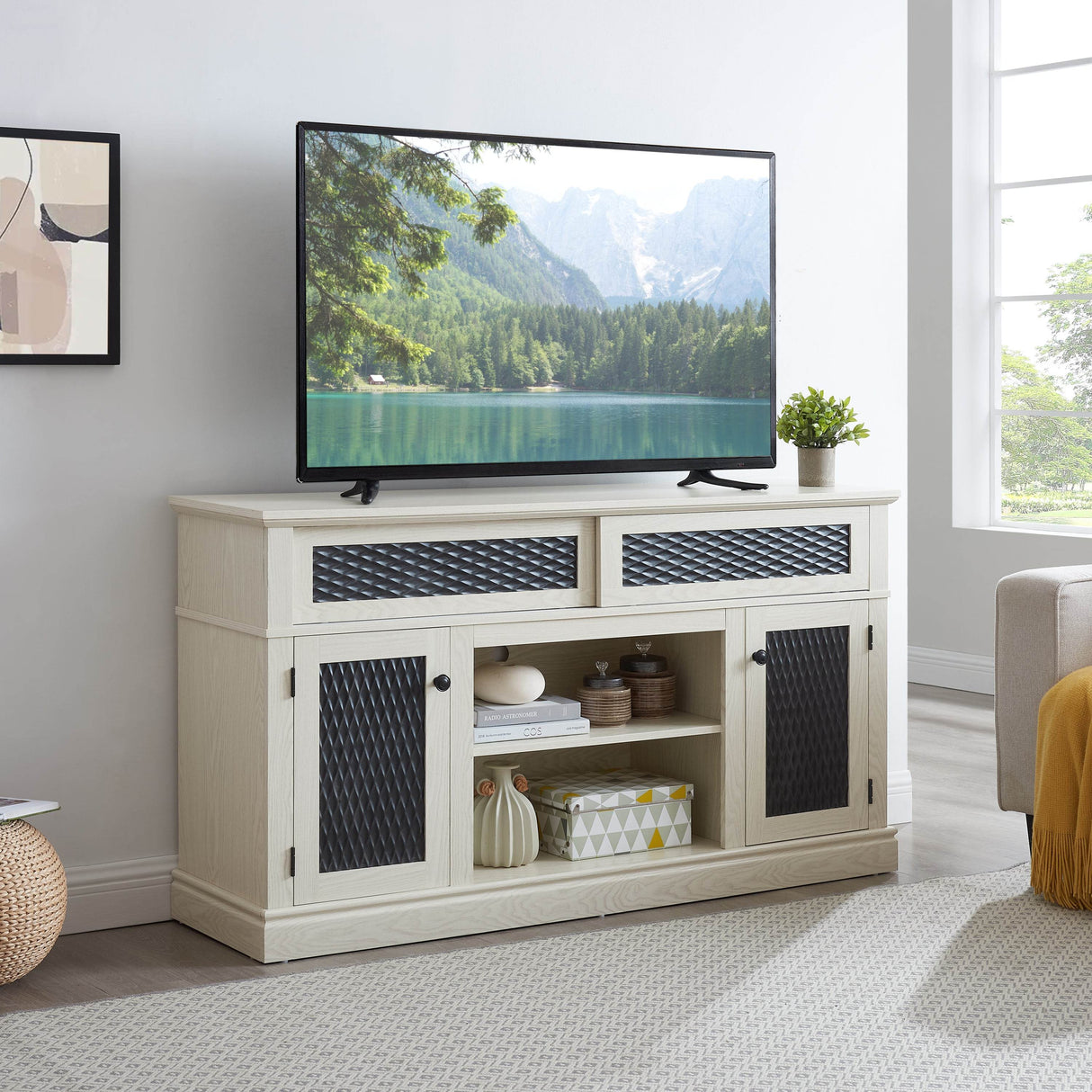 Embossed White MDF TV Stand With Storage and Cord Management - Sleep Galleria