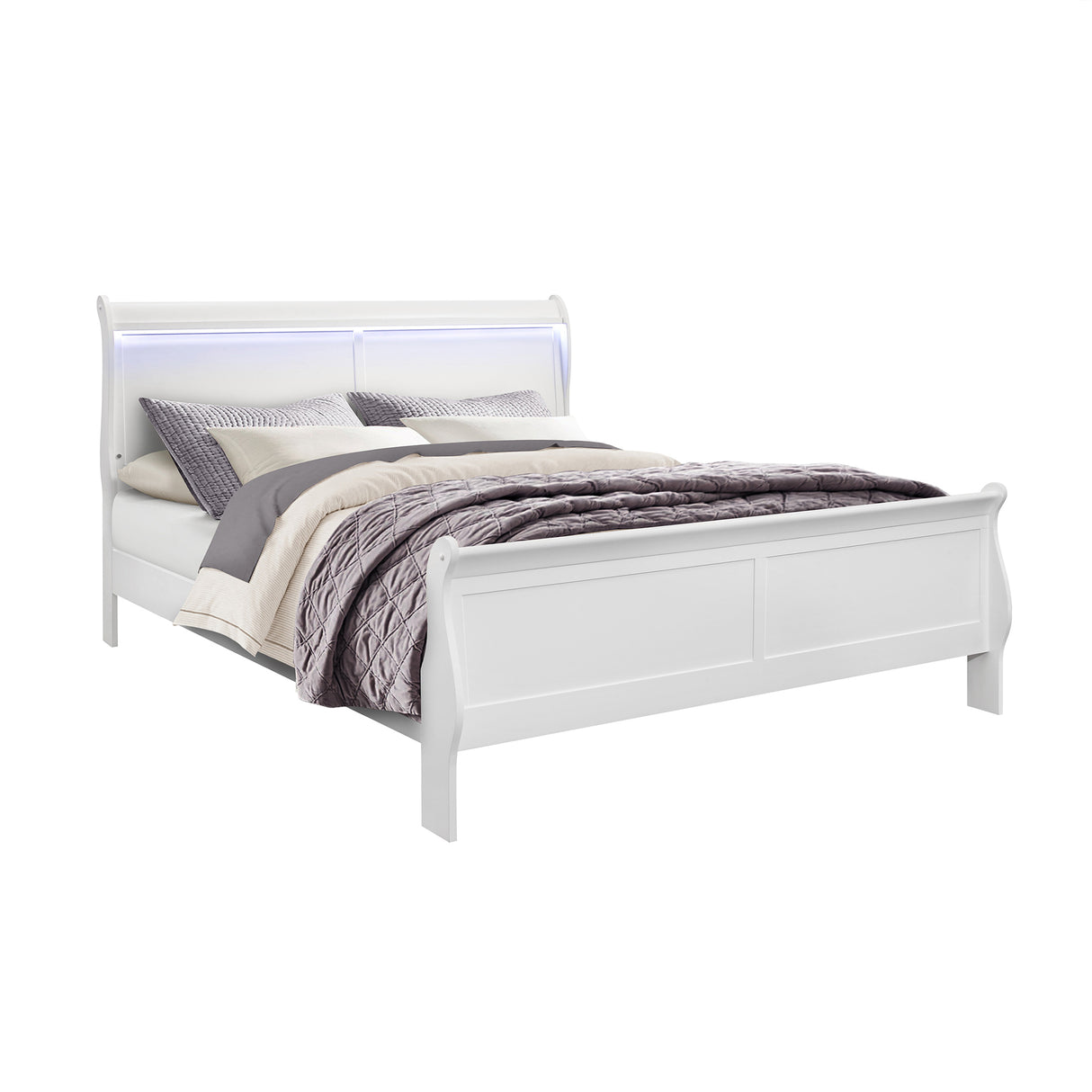 King Modern White Rubberwood Sleigh Style Bedroom Set With LED Lighting