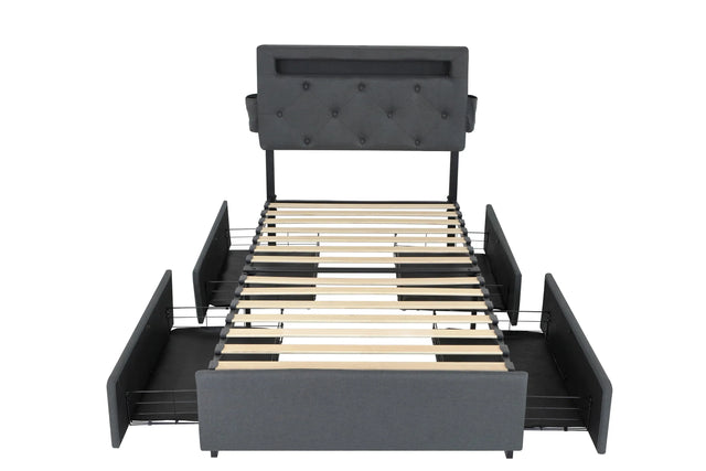 Twin Upholstered Bed Frame With Storage Drawers And USB Charging - Omega Lifestyles
