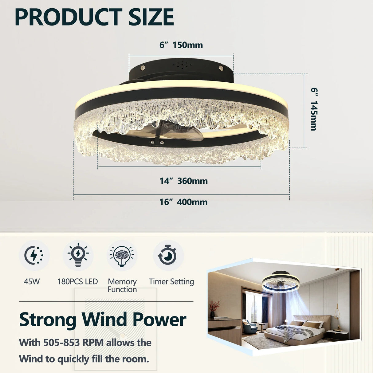 Quiet 16-Inch LED Crystal Flush Mount Ceiling Fan - Omega Lifestyles