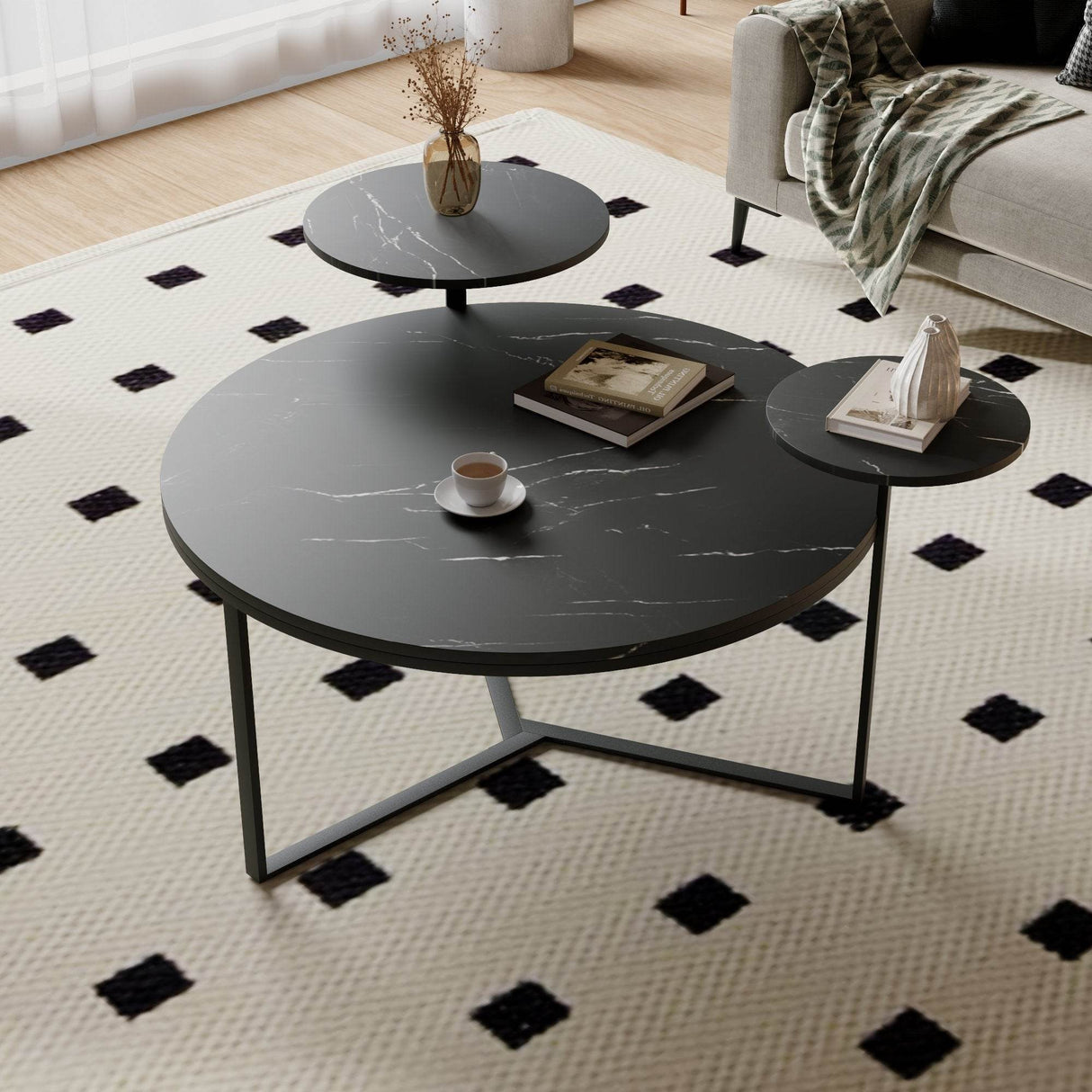 Modern Round Coffee Table With Faux Marble Shelves - Sleep Galleria