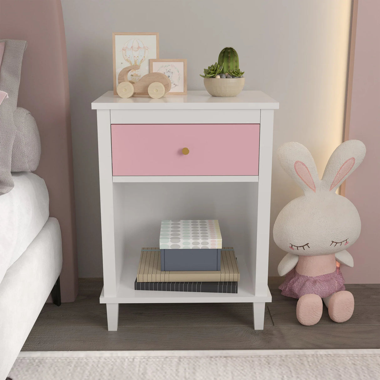 Pink MDF Wooden Nightstand With Drawer And Shelf - Omega Lifestyles