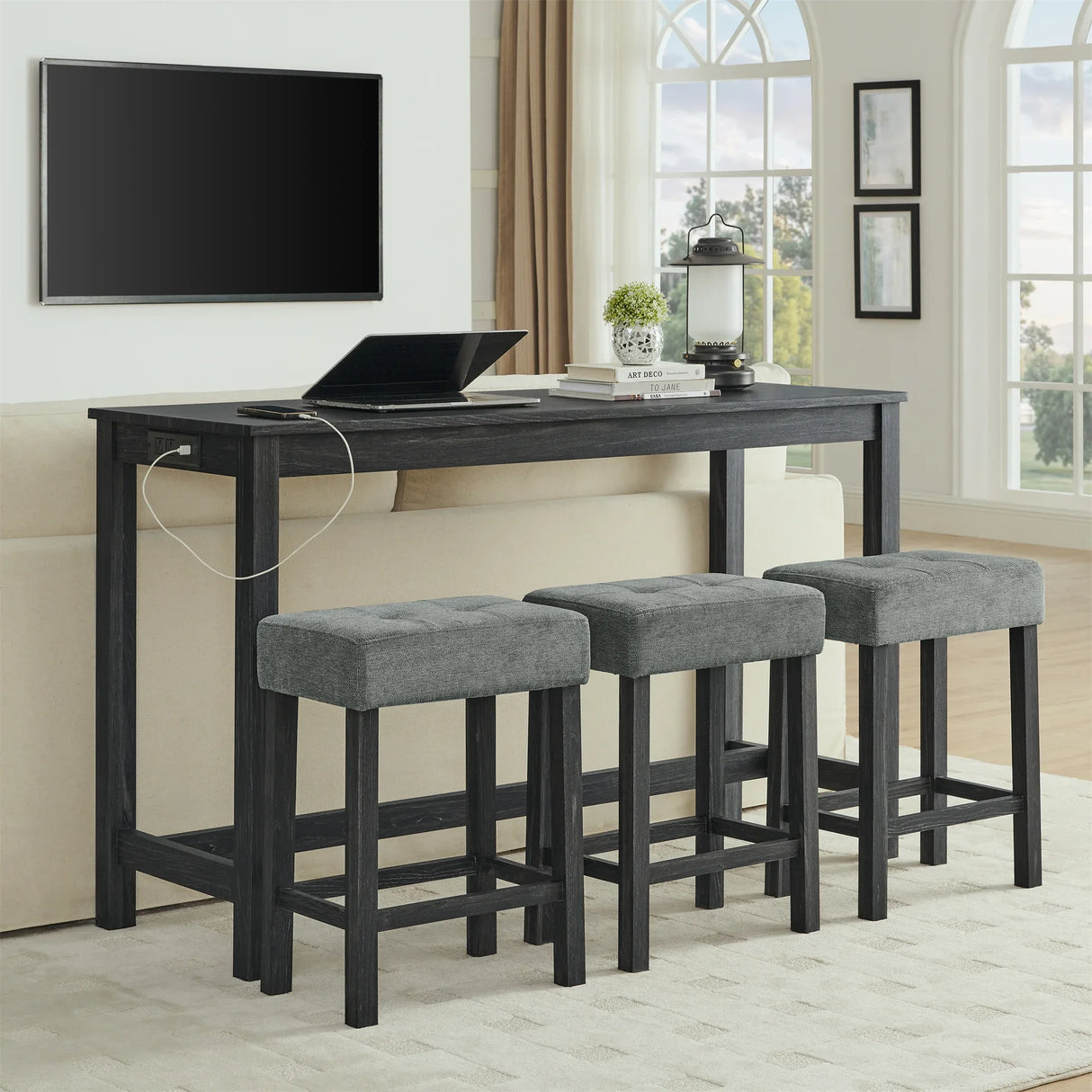 59-Inch Industrial Solid Wood Bar Table And Stools Set - Omega Lifestyles