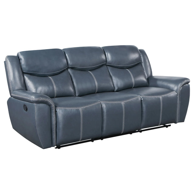 Blue Faux Leather Motion Reclining Sofa With Drop-Down Table - Omega Lifestyles