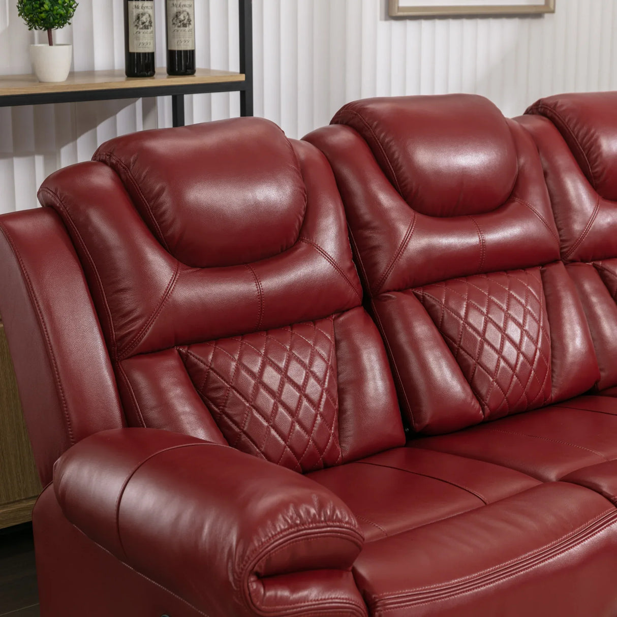 Wine Red Faux Leather Manual Recliner Sofa Set With LED Strip - Omega Lifestyles
