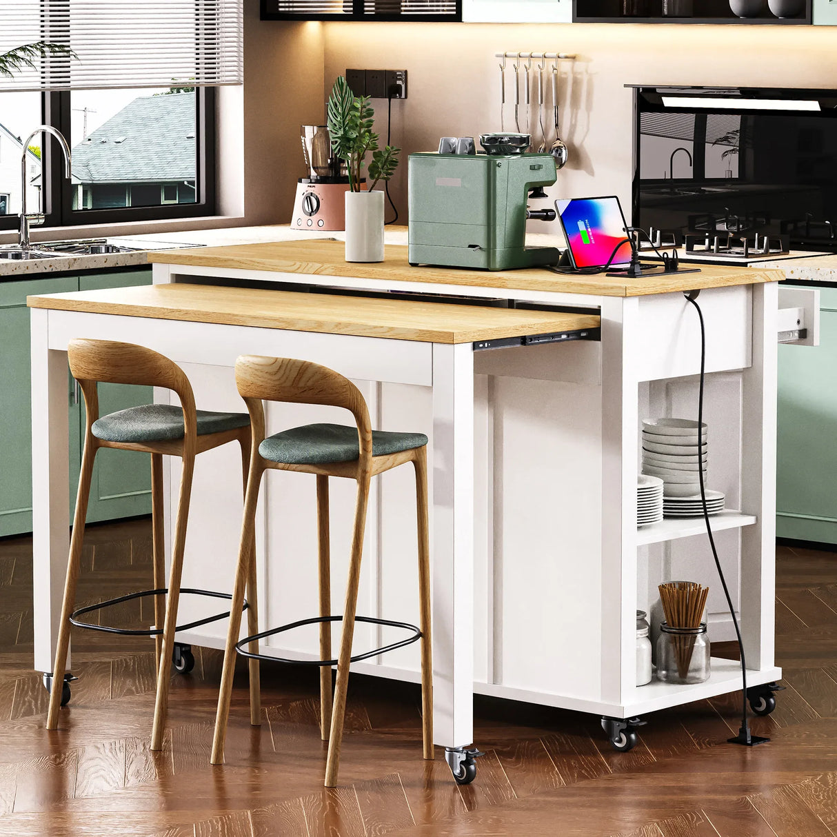 47-Inch Extendable Rubber Wood Veneer Kitchen Island - Omega Lifestyles