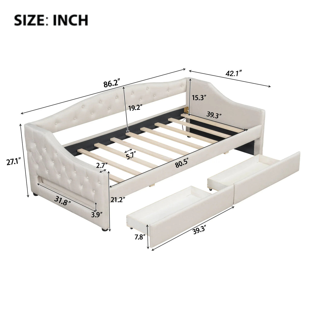 Twin XL Linen Upholstered Daybed With LED Lighting And Drawers - Omega Lifestyles