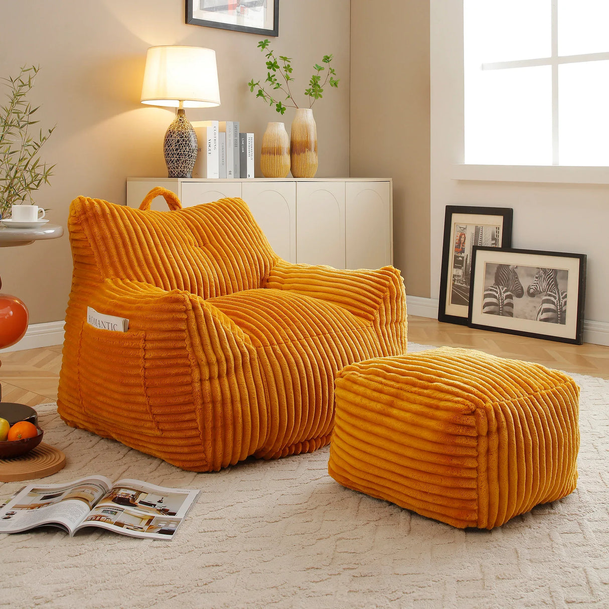 Giant Corduroy Bean Bag Chair With Armrests And Footstool - Omega Lifestyles