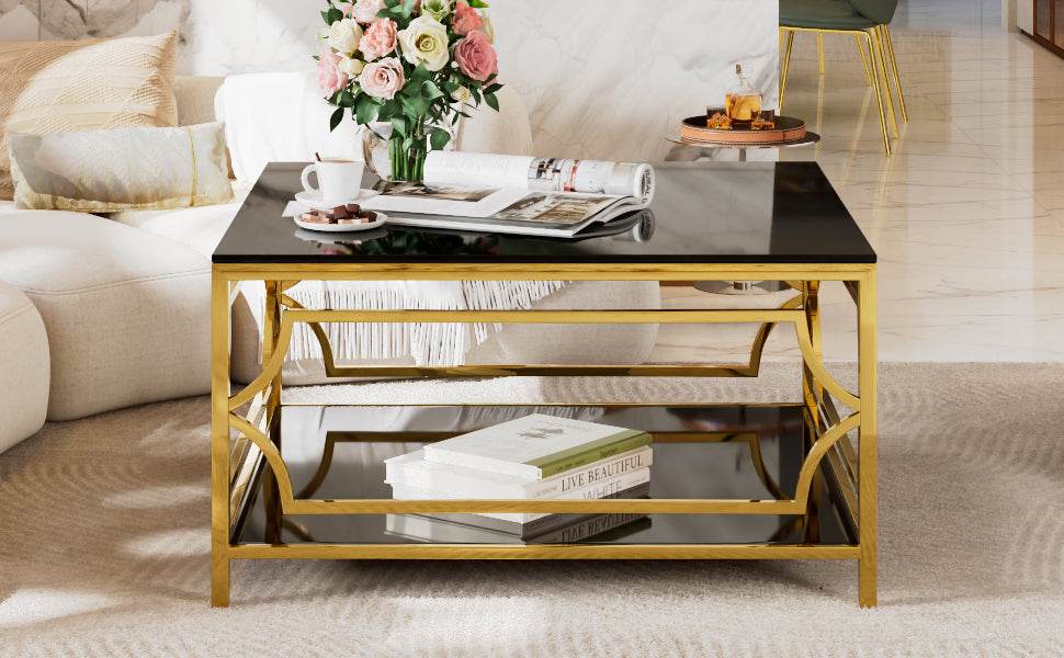 Modern Square Glass Coffee Table With Gold Metal Frame - Sleep Galleria