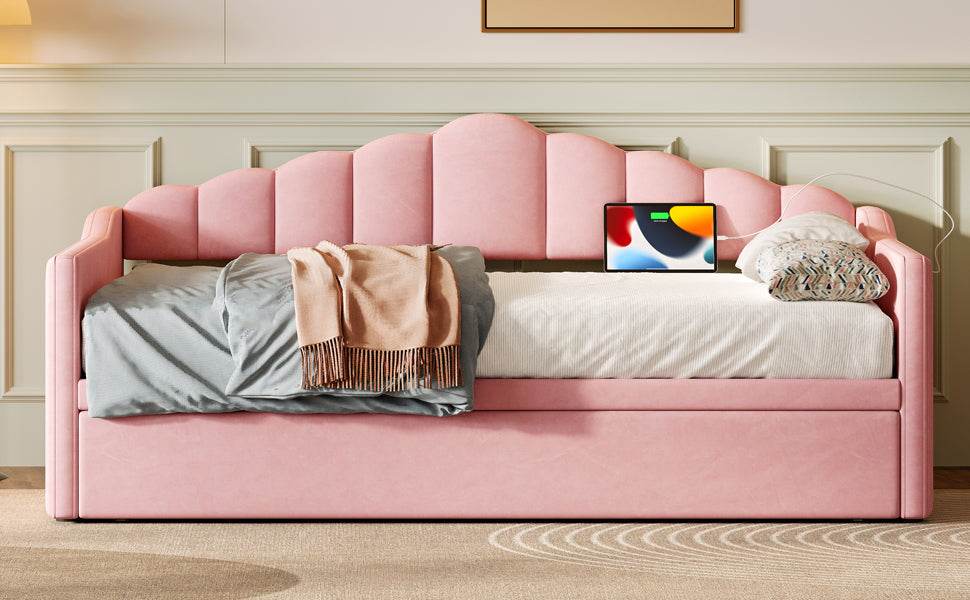 Upholstered Twin Velvet Daybed With Adjustable Trundle And Charging - Omega Lifestyles