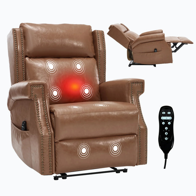 Camel Faux Leather Manual Recliner Chair With Massage Heat - Omega Lifestyles