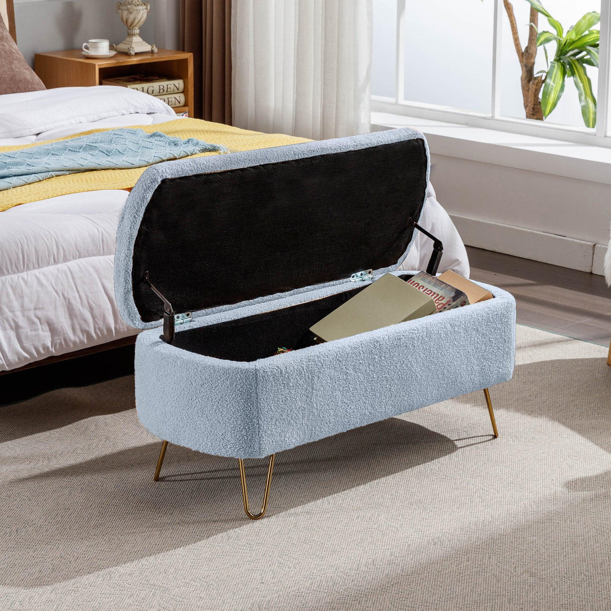 Blue Faux Fur Upholstered Storage Bench With Gold Legs - Omega Lifestyles