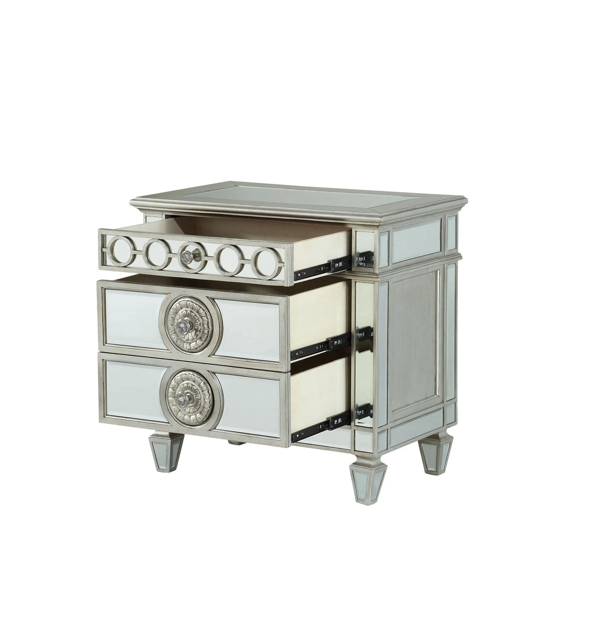 Mirrored Silver Nightstand With Geometric Raised Trim - Omega Lifestyles