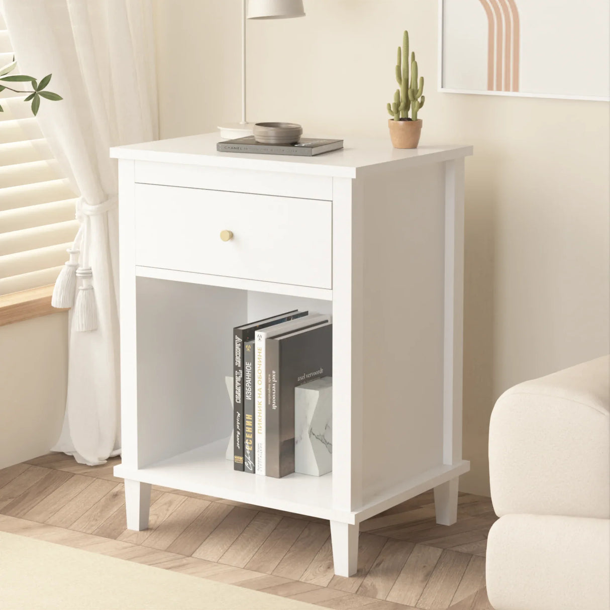 White MDF Kids Wooden Nightstand With Drawer Shelf - Omega Lifestyles