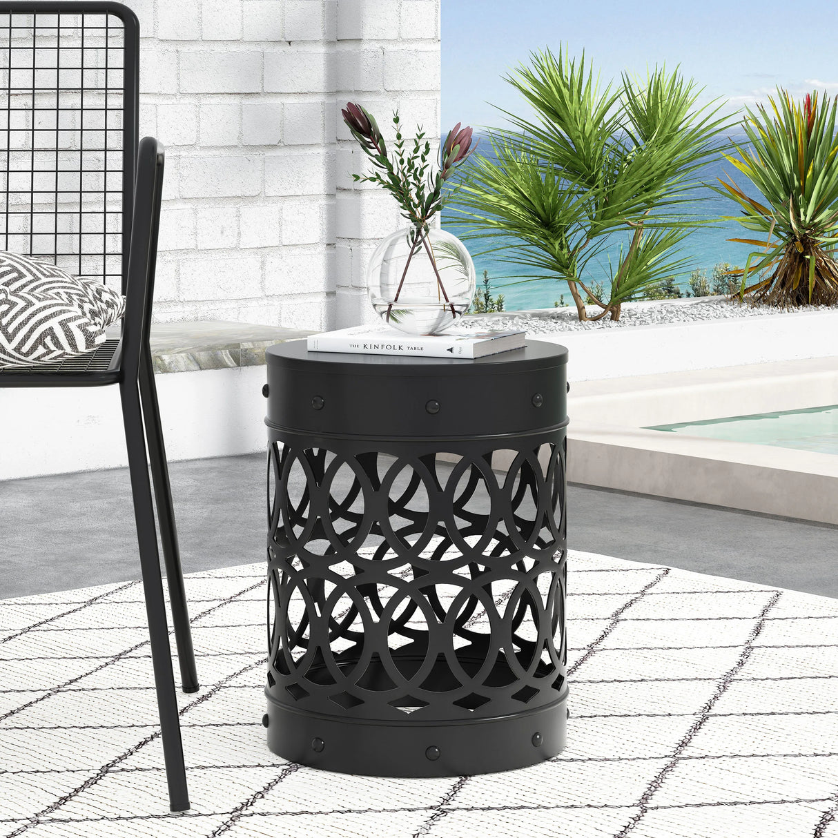 Modern Black Powder-Coated Iron Outdoor End Table - Omega Lifestyles