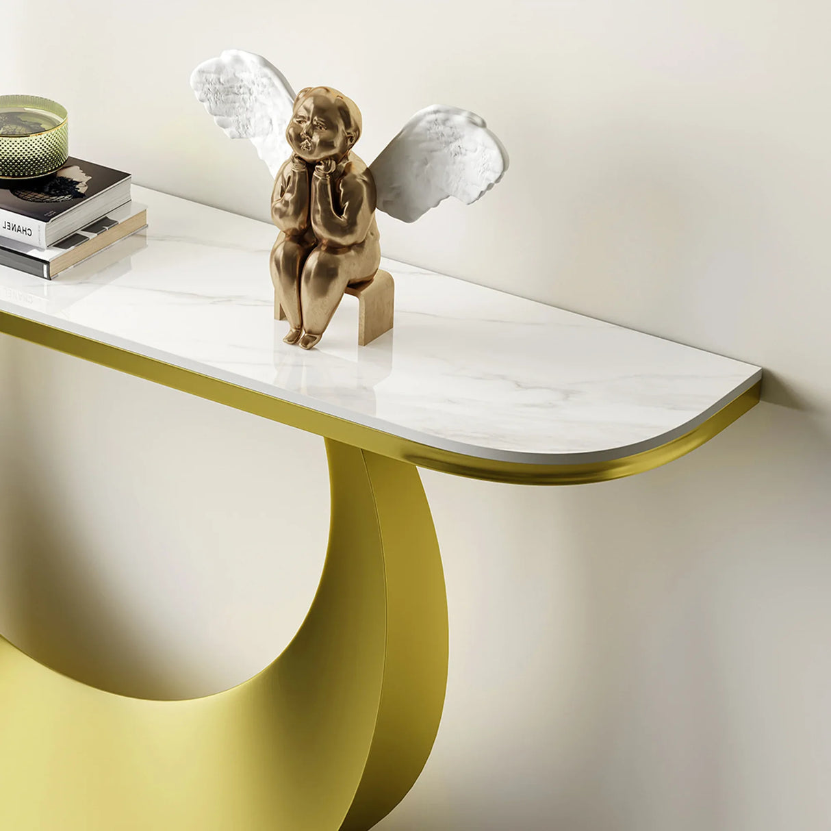 Half-Moon Faux Marble Top Gold Metal Console Table - Omega Lifestyles