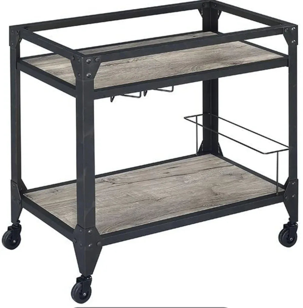 Rustic Oak Metal Serving Cart With Wine Rack - Omega Lifestyles