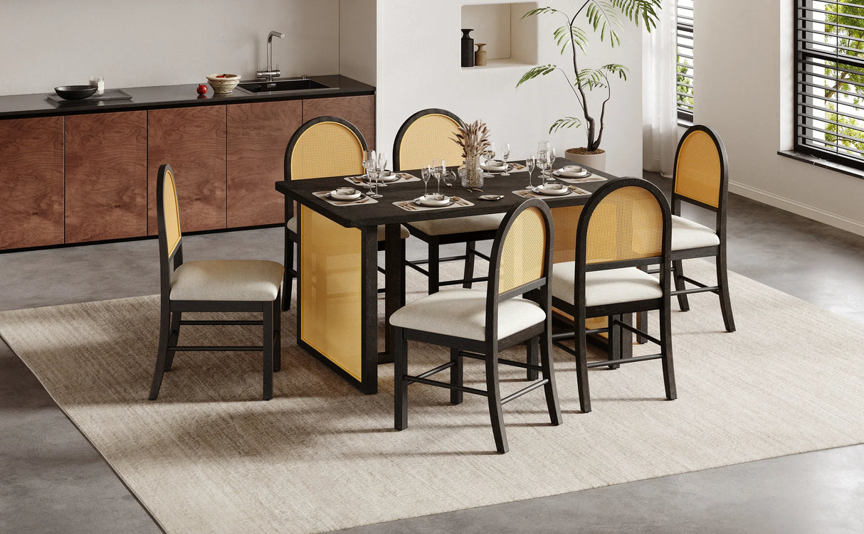 7-Piece Farmhouse Dining Table Set With Rattan Chairs - Omega Lifestyles