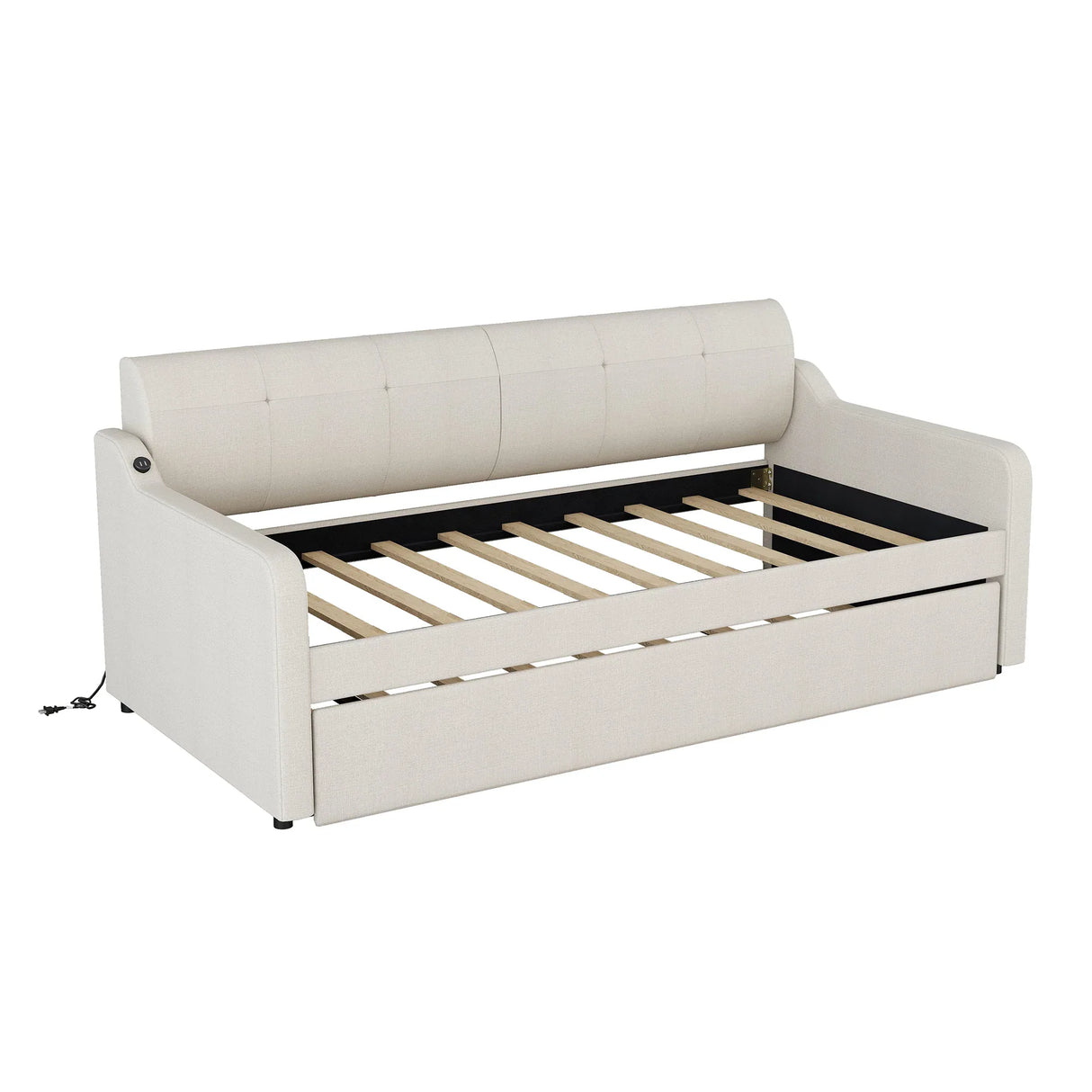 Twin Beige Upholstered Daybed With Trundle And USB Charging - Omega Lifestyles