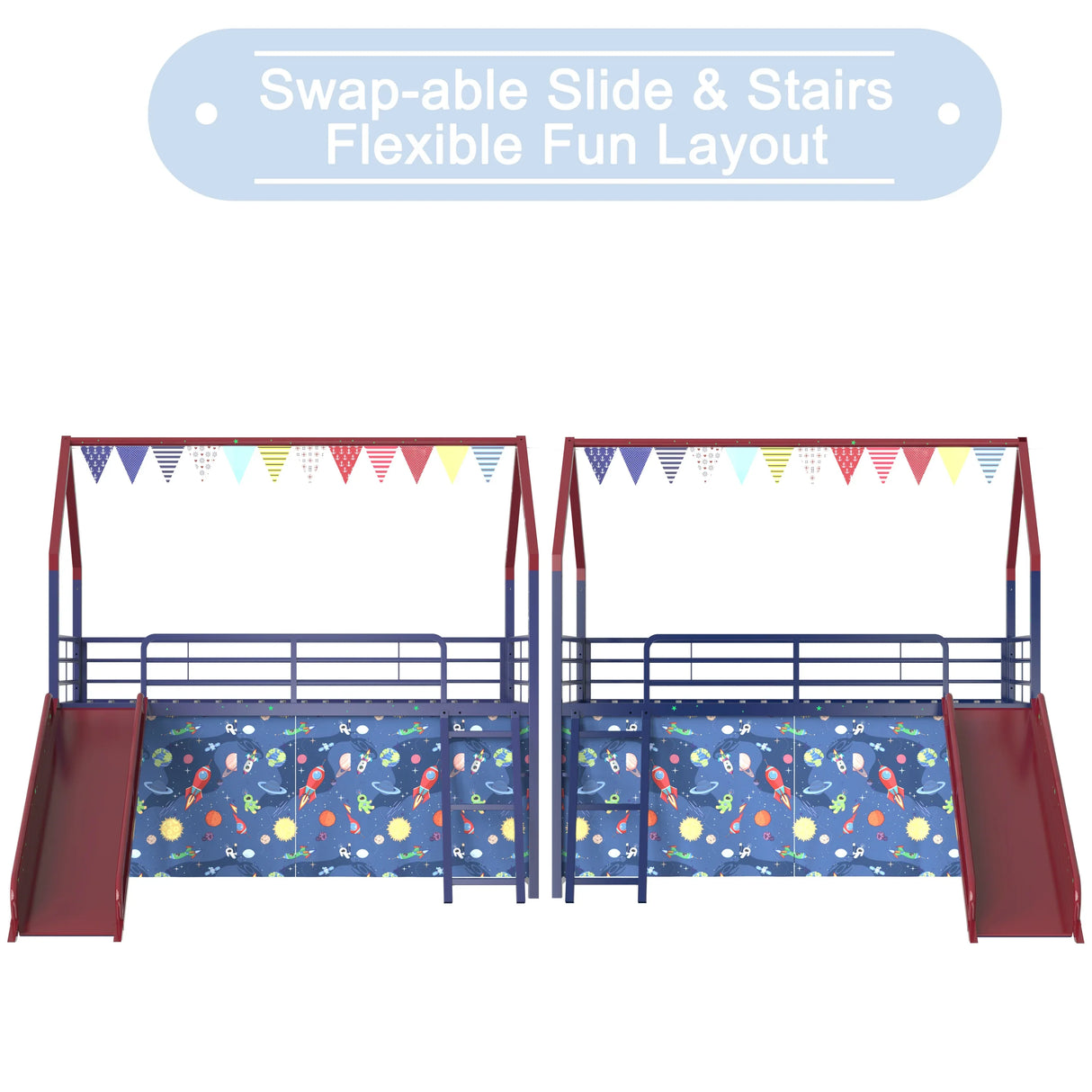 Twin Metal Junior House Loft Bed With Slide And Curtain - Omega Lifestyles