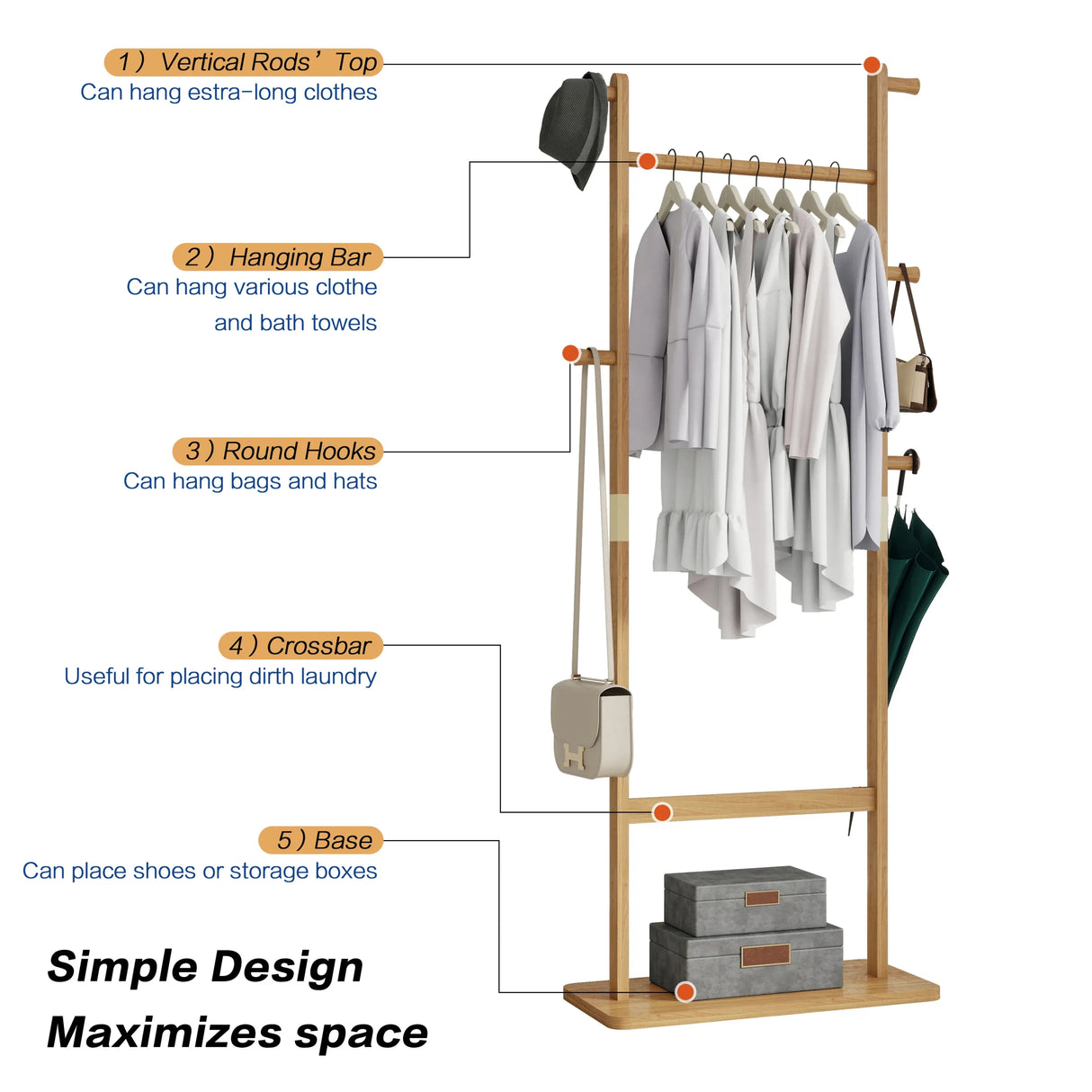 Solid Walnut Wood Coat Rack Stand With Natural Finish - Omega Lifestyles