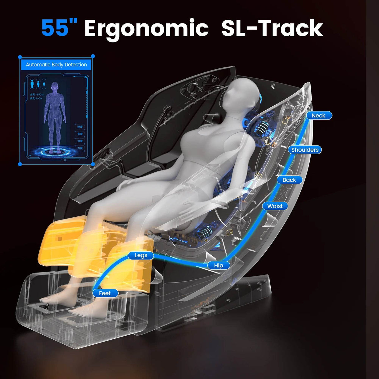 4D Massage Chair with 55" SL Track, 2 Zero Gravity Modes, Voice Control, Heating, Leather