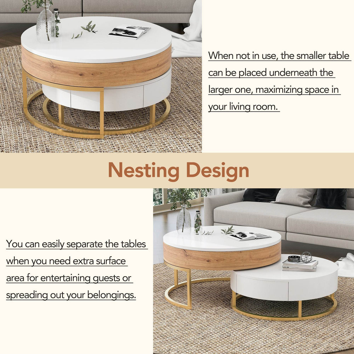Modern Round Lift-Top Nesting Coffee Tables With Drawers - Sleep Galleria