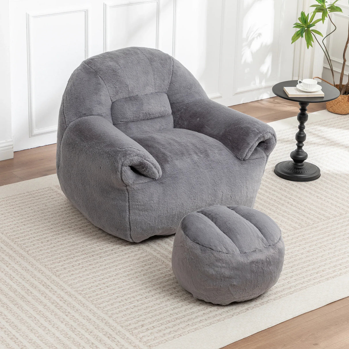 Faux Fur High-Density Foam Bean Bag Chair With Footstool - Omega Lifestyles