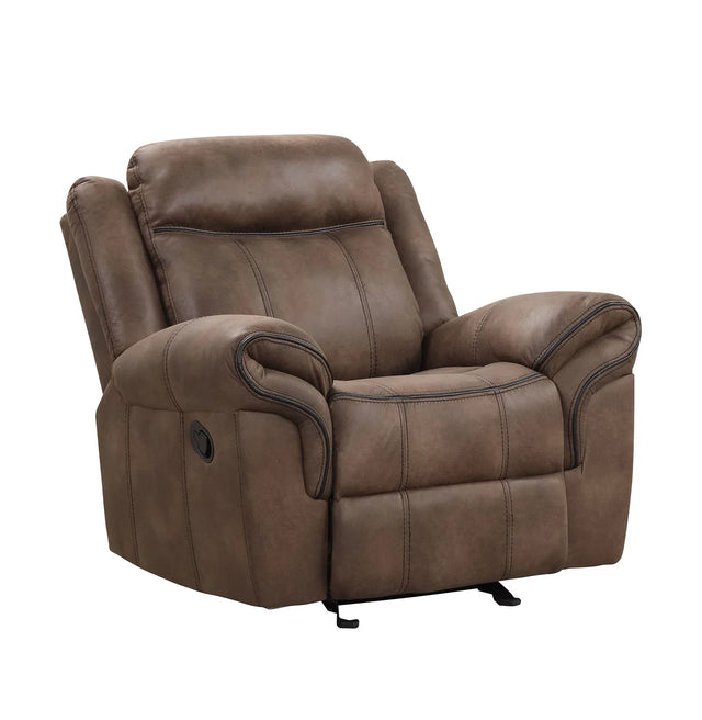 Transitional Brown Leatherette Glider Recliner With Pillow Arms - Omega Lifestyles