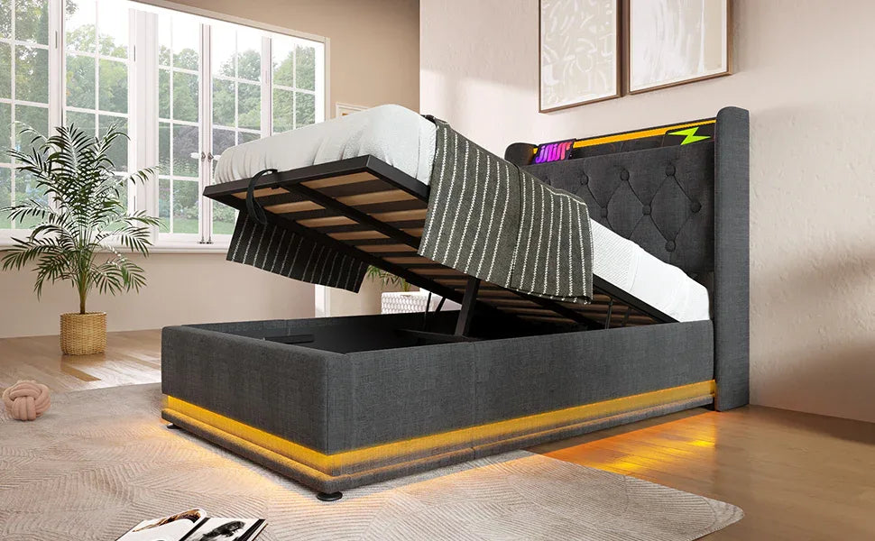 Twin Upholstered Linen Storage Bed With LED Lighting - Omega Lifestyles
