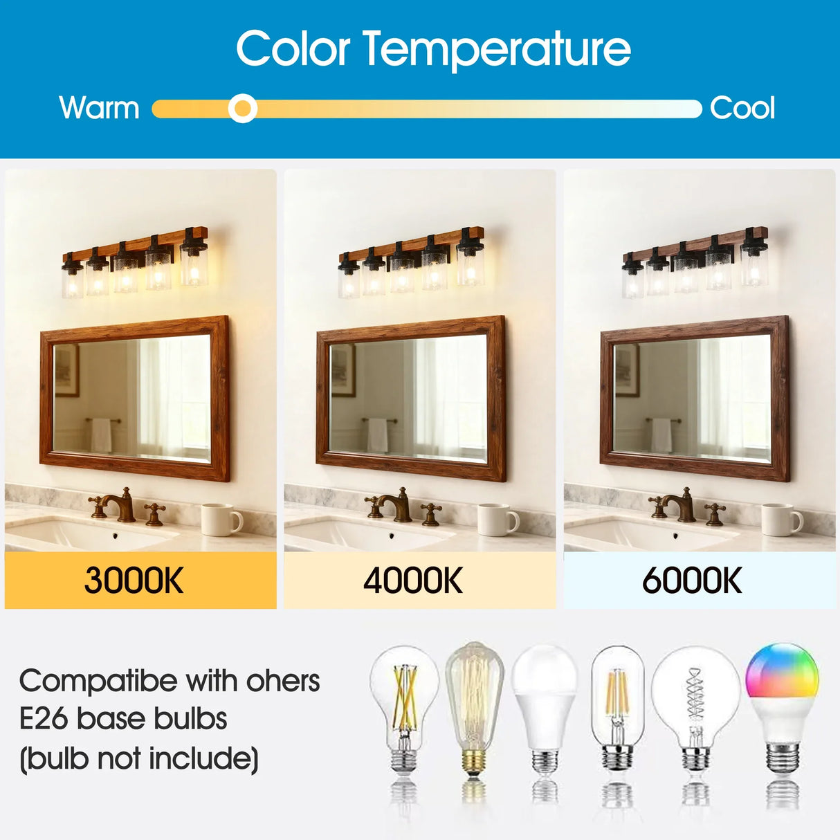 5-Light Matte Black Wood Glass Shade Wall Lamps - Omega Lifestyles