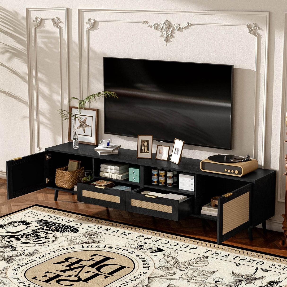 Modern Rattan TV Stand With Storage Cabinet - Sleep Galleria