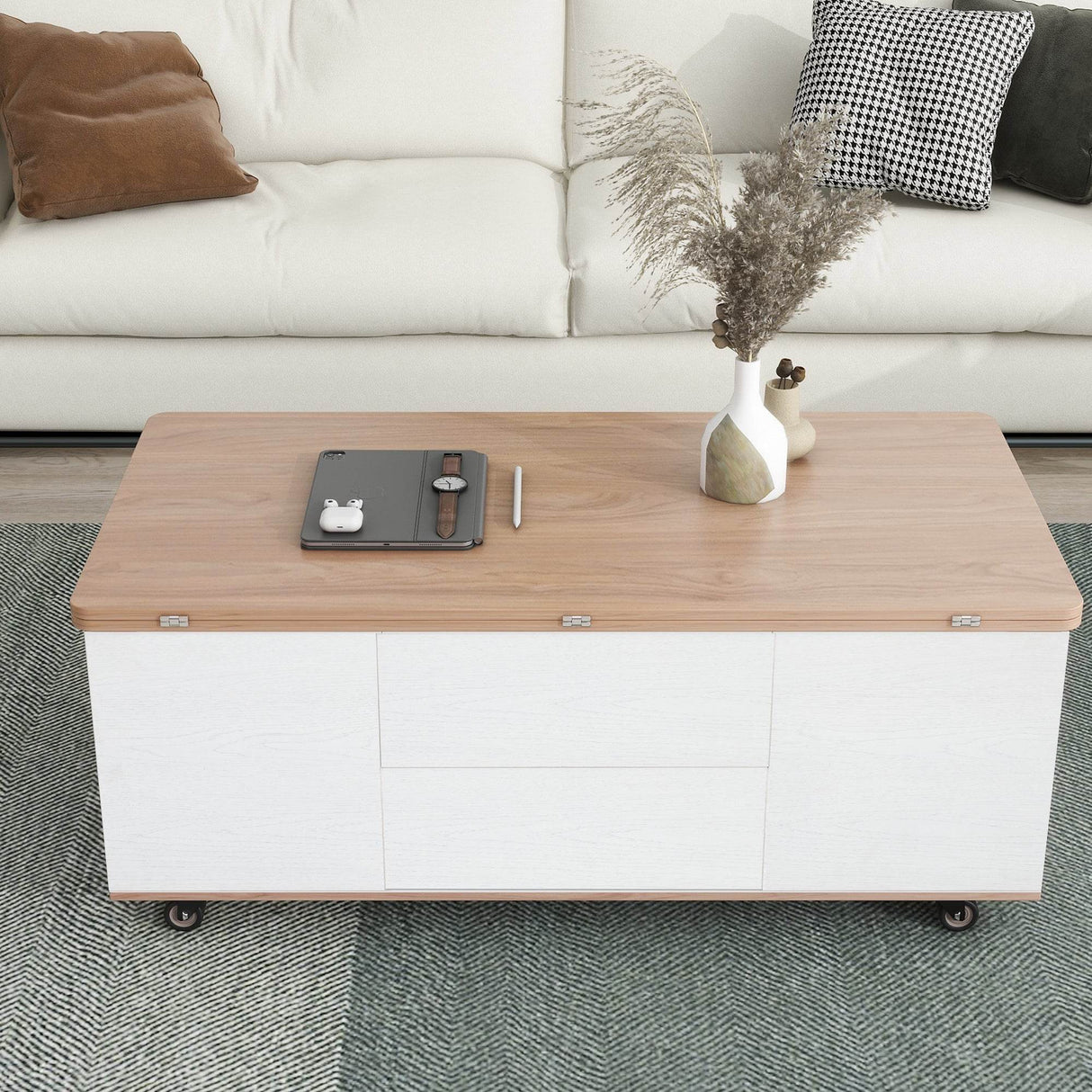Modern Walnut White Lift Top Coffee Table With Drawers - Sleep Galleria