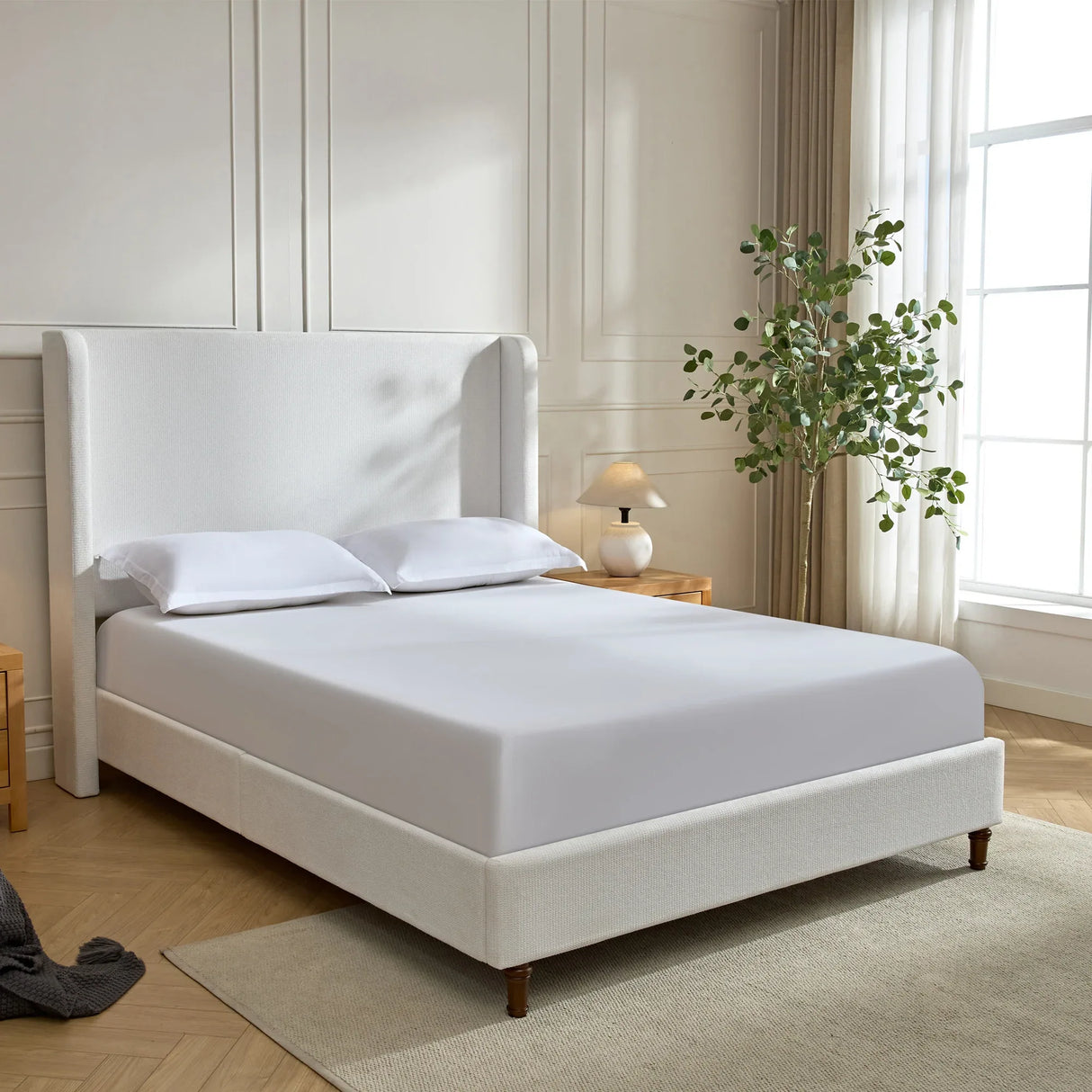 King Contemporary Cream Chenille Upholstered Bed Frame - Omega Lifestyles