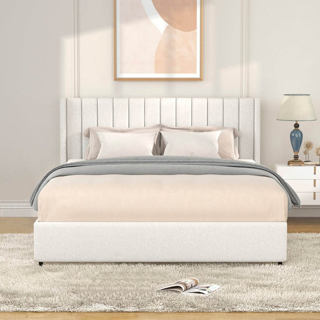 Queen Ivory Boucle Upholstered Bed Frame With Storage Drawers - Omega Lifestyles