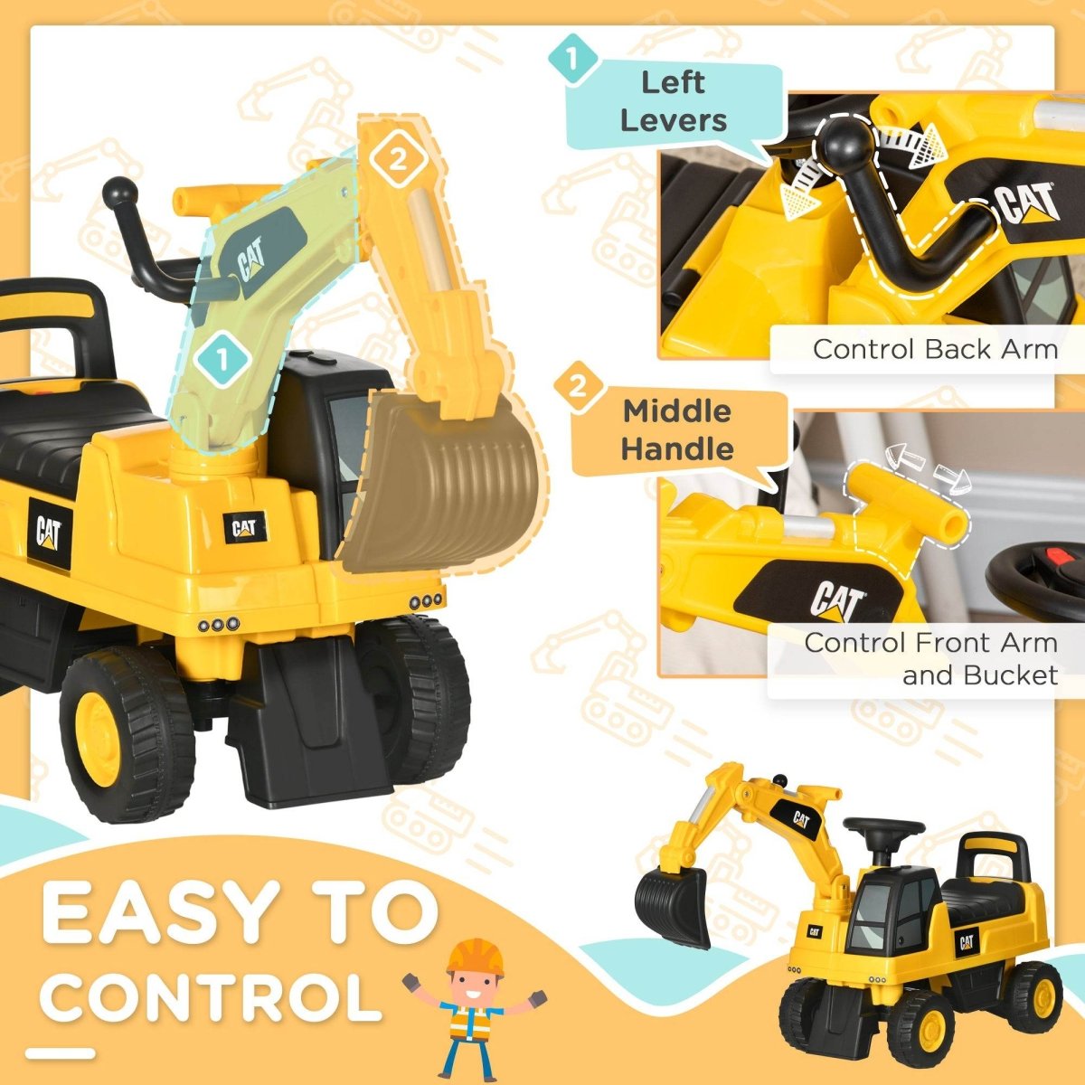 CAT Licensed Kids Ride - On Excavator Toy With Shovel And Storage - Aosom - Omega Lifestyles