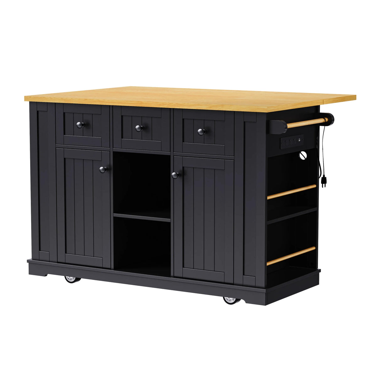 Large Kitchen Island Storage Cart With Bar Stools and Power Outlet - Omega Lifestyles