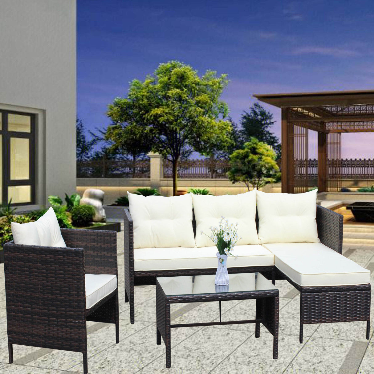 4-Piece Outdoor PE Rattan Wicker Sectional Sofa Set
