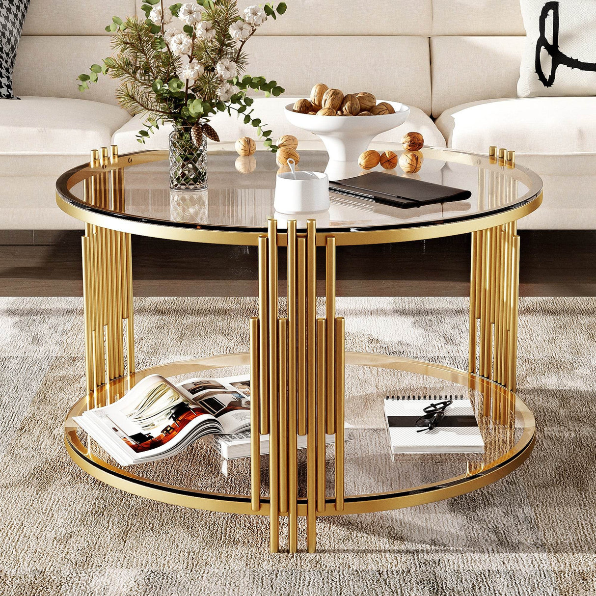 Modern Round Tempered Glass Coffee Table With Shelf - Sleep Galleria