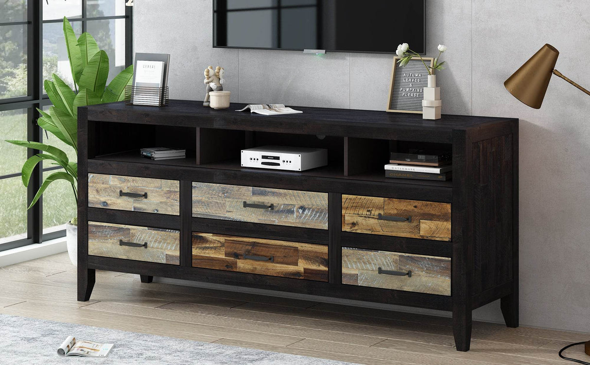 Retro Distressed Solid Wood TV Stand With Drawers - Omega Lifestyles
